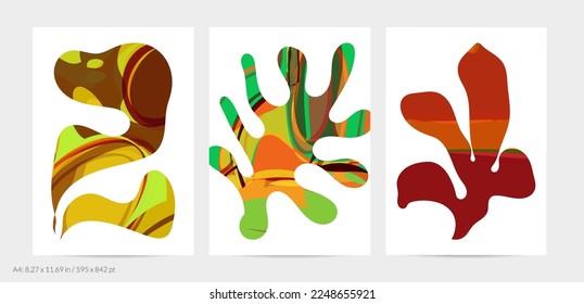 Matisse organic shapes. Abstract  flyer template with natural floral motif. Minimal modern mid century background. Artistic botanical elements with bright acrylic paint texture. Collage paper cut art