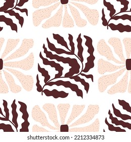 Matisse plant shape seamless pattern. Modern floral abstract background. Brown leaf, daisy flower in Matisse collage style. Botanical abstract repeated print design, wallpaper. Vector illustration.