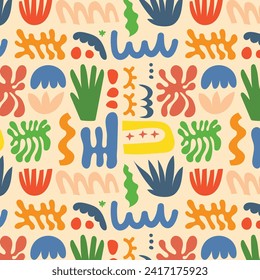 Matisse seamless pattern background. Colorful Matisse pattern design. Abstract plant leaf art pattern. colorful freehand doodle collage.