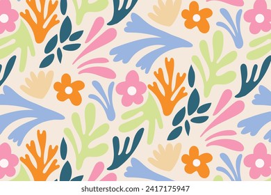 Matisse seamless pattern background. Colorful Matisse pattern design. Abstract plant leaf art pattern. colorful freehand doodle collage.