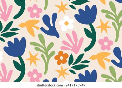 Matisse seamless pattern background. Colorful Matisse pattern design. Abstract plant leaf art pattern. colorful freehand doodle collage.