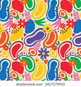 Matizar un fondo de patrón sin fisuras. Diseño de patrones Matisse coloridos. Resumen del patrón de arte de la hoja de planta. colorido collage de doodles a mano alzada.