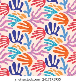 Matizar un fondo de patrón sin fisuras. Diseño de patrones Matisse coloridos. Resumen del patrón de arte de la hoja de planta. colorido collage de doodles a mano alzada.