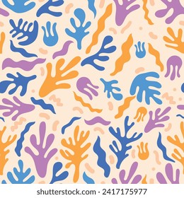Matisse seamless pattern background. Colorful Matisse pattern design. Abstract plant leaf art pattern. colorful freehand doodle collage.