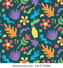 Matizar un fondo de patrón sin fisuras. Diseño de patrones Matisse coloridos. Resumen del patrón de arte de la hoja de planta. colorido collage de doodles a mano alzada.