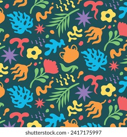 Matisse seamless pattern background. Colorful Matisse pattern design. Abstract plant leaf art pattern. colorful freehand doodle collage.