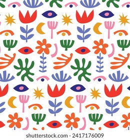 Matizar un fondo de patrón sin fisuras. Diseño de patrones Matisse coloridos. Resumen del patrón de arte de la hoja de planta. colorido collage de doodles a mano alzada.