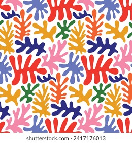 Vollständiger, nahtloser Musterhintergrund. Farbiges Muster-Design von Matisse. Abstrakte Muster der Pflanzenblattkunst. bunter Freehand-Doodle-Collage.