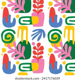 Matisse seamless pattern background. Colorful Matisse pattern design. Abstract plant leaf art pattern. colorful freehand doodle collage.