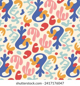 Vollständiger, nahtloser Musterhintergrund. Farbiges Muster-Design von Matisse. Abstrakte Muster der Pflanzenblattkunst. bunter Freehand-Doodle-Collage.