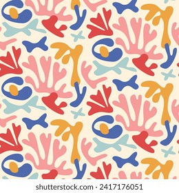 Matisse seamless pattern background. Colorful Matisse pattern design. Abstract plant leaf art pattern. colorful freehand doodle collage.
