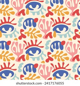 Vollständiger, nahtloser Musterhintergrund. Farbiges Muster-Design von Matisse. Abstrakte Muster der Pflanzenblattkunst. bunter Freehand-Doodle-Collage.