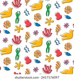 Matizar un fondo de patrón sin fisuras. Diseño de patrones Matisse coloridos. Resumen del patrón de arte de la hoja de planta. colorido collage de doodles a mano alzada.