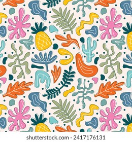 Matisse seamless pattern background. Colorful Matisse pattern design. Abstract plant leaf art pattern. colorful freehand doodle collage.