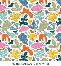 Matisse seamless pattern background. Colorful Matisse pattern design. Abstract plant leaf art pattern. colorful freehand doodle collage.