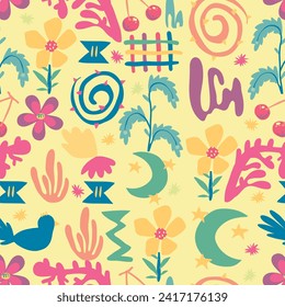 Matizar un fondo de patrón sin fisuras. Diseño de patrones Matisse coloridos. Resumen del patrón de arte de la hoja de planta. colorido collage de doodles a mano alzada.