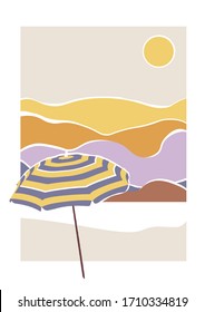 Matisse Style Fashion Graphic Illustration with Beach and Dunes, Sunshade Silhouette.  Vintage poster 