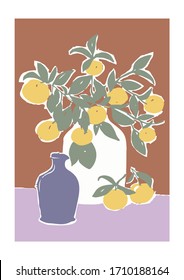 Matisse Style Fashion Graphic with Orange Tree Branch in a Vase, abstract painting. Mediterranean vibe