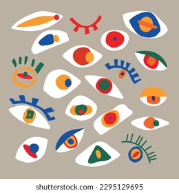 Matisse style. Geometric and organic paper cut eye shapes. Vector abstract modern elements for creating logos, patterns, posters, covers and cards	