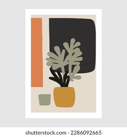 matisse style illustration Minimalist interior poster with plant in vase. Vector illustration. Wall Art Pint Poster