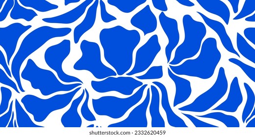 Matisse style seamless floral pattern. Blue and white background with abstract plants silhouette. Portugal, Moroccan mosaic. Portuguese azulejos. Vintage texture. Decorative simple botanical pattern