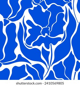 Estilo matisse patrón floral sin fisuras. Fondo azul y blanco con silueta de plantas abstractas. Portugal, mosaico marroquí. azulejos portugueses. Textura vintage. Patrón botánico simple decorativo