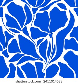 Estilo matisse patrón floral sin fisuras. Fondo azul y blanco con silueta de plantas abstractas. Portugal, mosaico marroquí. azulejos portugueses. Textura vintage. Patrón botánico simple decorativo