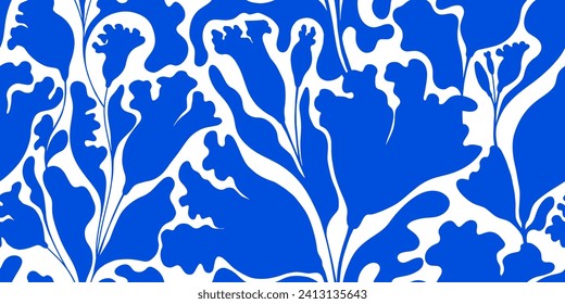 Matisse style seamless floral pattern. Blue and white background with abstract plants silhouette. Poppies flowers. Portuguese azulejos. Vintage texture. Decorative simple botanical pattern