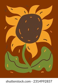 Matisse Sunflower art. Hand drawn retro styled flower on brown background. Wavy botanical nature element art. Vector illustration