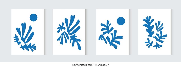 Matisse wall art. Minimal contemporary abstract art set. Floral blue poster. Mid century print. Vector illustration.