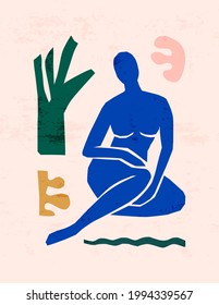 Arte abstracto de la figura femenina y formas orgánicas inspirado en Matisse en un estilo minimalista moderno. Collage vectorial de cuerpo femenino y elementos botánicos de papel cortado para impresiones