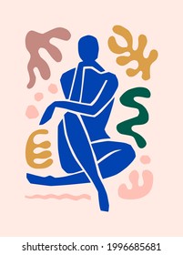 Matisse-inspired Abstract Art of the Female Figure and Organic Shapes in a Trendy Minimalist Style. Vector Collage of Women's Body and Botanical Elements made of cut paper for T-shirts, Posters