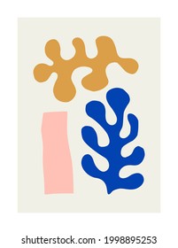 Formas geométricas y orgánicas de arte abstracto inspiradas en Matisse en un estilo modernista de moda. Collage vectorial contemporáneo de papel cortado para impresiones en camisetas, afiches, portadas, postales y medios sociales