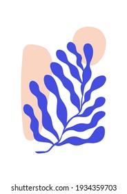 Matisse-inspired contemporary poster with blue algae branch and abstract geometric shapes isolated on white. Botanical minimalistic wall art for interior decoration. Colored flat vector illustration