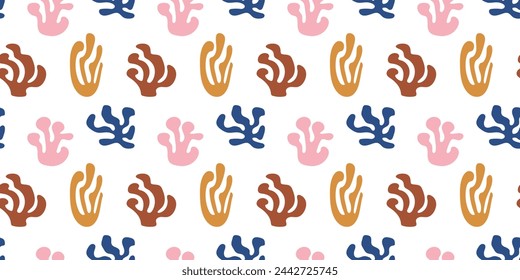 Matisse-inspired modern abstract organic algae Seamless pattern in pastel colors. Vector underwater plants and Corals shapes. Background with hand drawn leaves silhouettes.