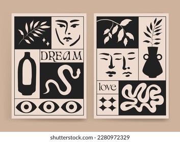 Matisse-inspired modern posters with snake, vase and branches on beige background. Contemporary wall art. Colored flat vector illustrations of vertical artworks with people and leaves	