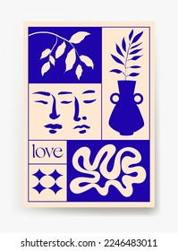 Matisse-inspired modern posters with vase and branches on beige background. Contemporary wall art. Colored flat vector illustrations of vertical artworks with people and leaves