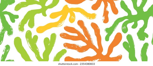 Banner de diseño impecable de inspiración matisse con siluetas de algas. Fondo multicolor con plantas subacuáticas, corales o formas orgánicas botánicas. Patrón botánico sin costuras de estilo ingenuo dibujado con pincel.