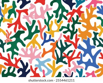 Matisse's colorful cutout shapes, coral reef-inspired pattern, seamless white background, flat design, vector illustration, in the style of Maud Lewis, high saturation, strong color contrast