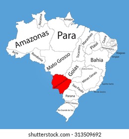 Mato Grosso Do Sul, Brazil, vector map isolated on Brazil map. Editable vector map of Brazil.