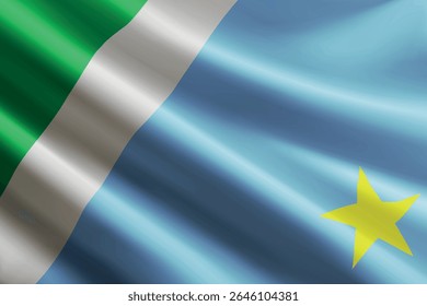 Bandeira do Mato Grosso do Sul balançando ao vento, textura de seda detalhada e realista. Estado do Brasil