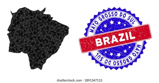 Mato Grosso do Sul State mapea malla poligonal con triángulos rellenos y sello bicolor de socorro. Mosaico triangular Mato Grosso do Sul Mapa con modelo vectorial de malla, los triángulos tienen tamaños variables,