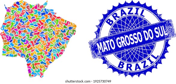 Mato Grosso do Sul State mapa imagen vectorial. Collage del mapa de salpicaduras y marca angustiada para el estado de Mato Grosso do Sul. Marca azul roseta nítida con leyenda para el mapa del estado de Mato Grosso do Sul.