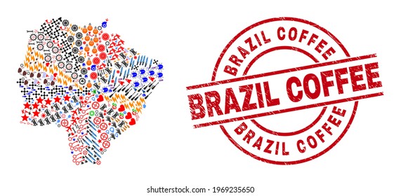 Mato Grosso do Sul State mapa mosaico y sucio sello de círculo rojo del café Brasil. Brasil El sello de café utiliza líneas vectoriales y arcos. El mapa de mosaico del estado de Mato Grosso do Sul incluye cascos, casas, duchas, bichos,