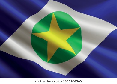 Bandeira de Mato Grosso balançando ao vento, textura de seda detalhada e realista. Estado do Brasil