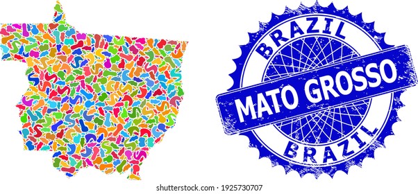 Mato Grosso State map vector image. Spot mosaic map and grunge seal for Mato Grosso State. Sharp rosette blue stamp seal with caption for Mato Grosso State map.