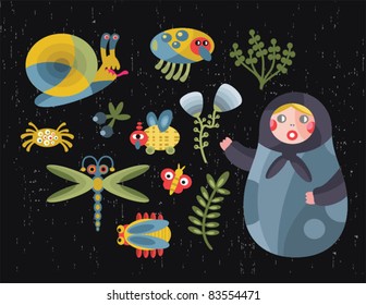 Matreshka doll and insects icons set in vector.