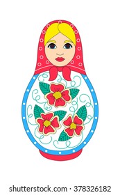 Matreshka in red headscarf with a bunch of red flowers. Traditional russian hand-made wooden doll. Hand-painted matryoshka doll with red floral ornament. Russian souvenir, wooden toy nesting doll.

