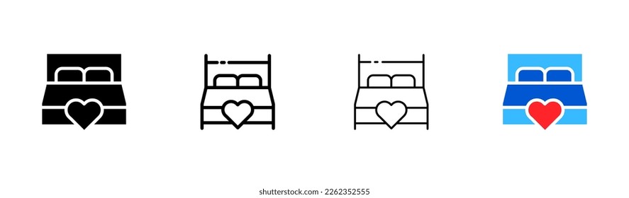 Icono de juego de cama matrimonial. La noche de bodas, el matrimonio, la cama con el corazón, el amor, los sentimientos, el marido y la mujer. Concepto de relaciones. Icono de vector en línea, estilo negro y colorido sobre fondo blanco