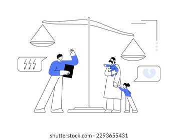 Ilustración vectorial de concepto abstracto de derecho matrimonial. Derecho de familia, bienes matrimoniales, custodia de los hijos, decreto de divorcio, escalas de justicia, documento de firma, gavel de los jueces, metáfora abstracta de acuerdo.